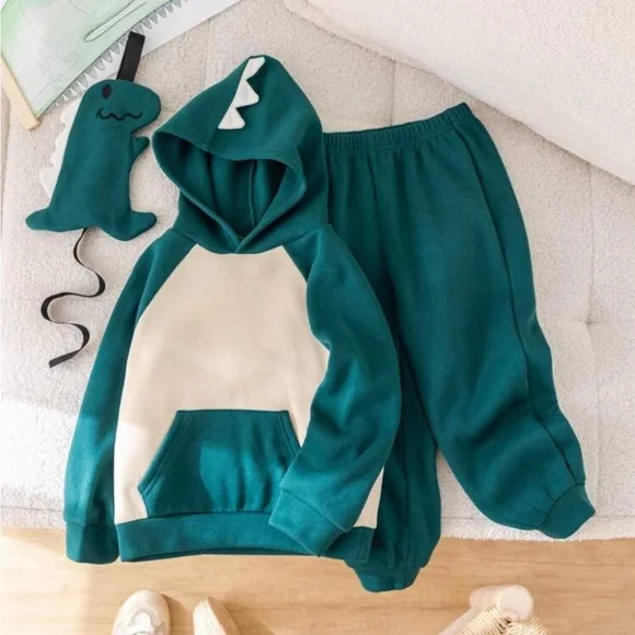 Sz 4Y Shein 3 pcs set boys Green Dinosaur Hoodie and Pants Set - Picture 5 of 16